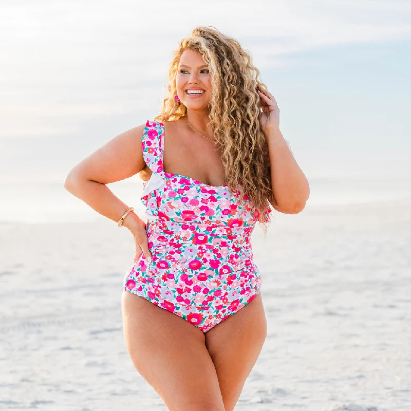 swimsuit with a lace trimBahama Beauty Swimsuit, Pink Floral