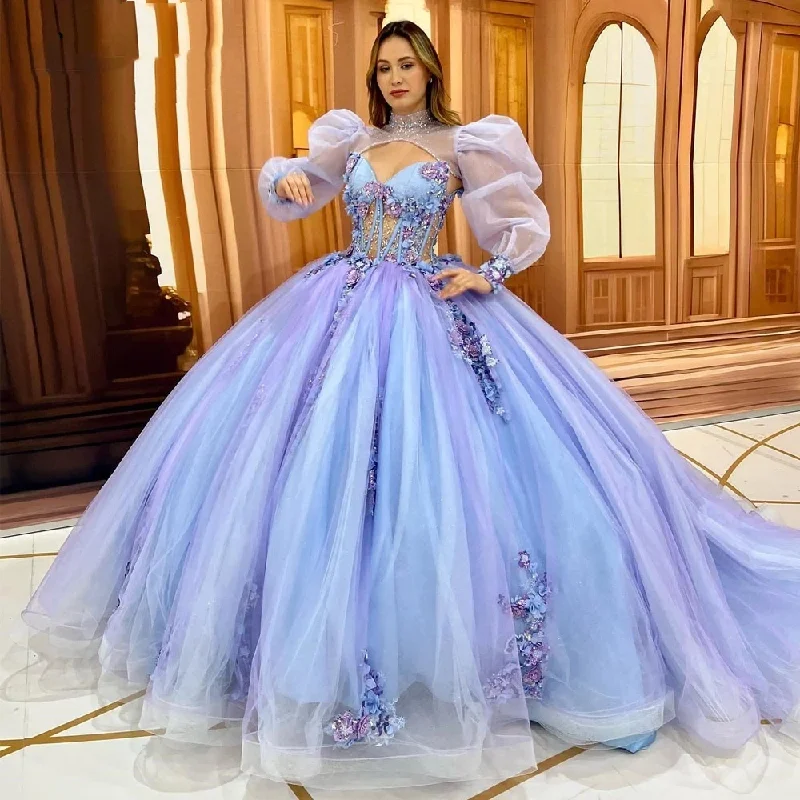 Cold-shoulder dresses for womenLuxury Light Blue and Lilac Quinceanera Dress With Jacket Beading Flower Formal Party Princess Vestidos De 15 Anos