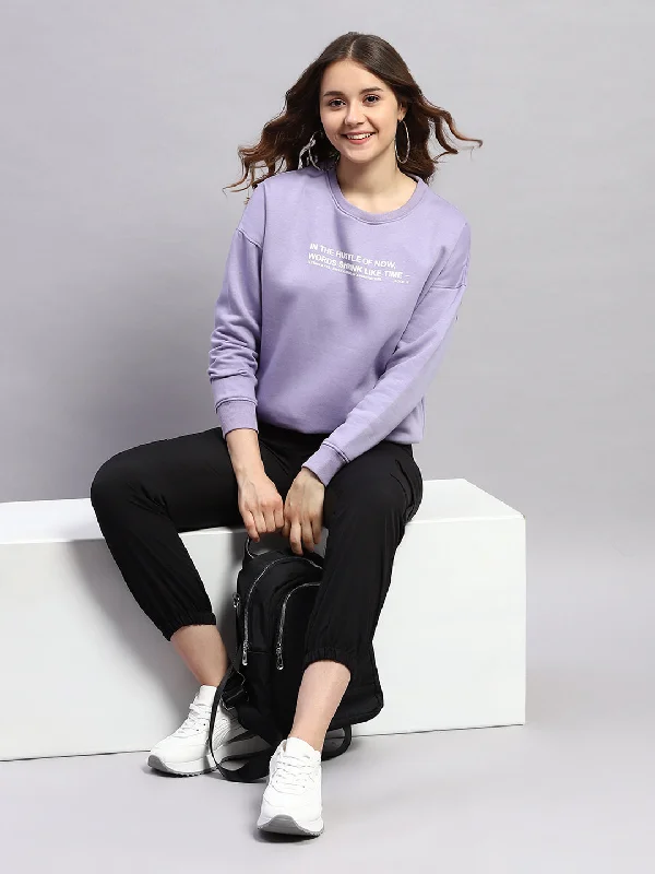 women's hooded sweatshirts with a sheer overlay for a layered lookWomen Purple Printed Round Neck Full Sleeve Sweatshirt