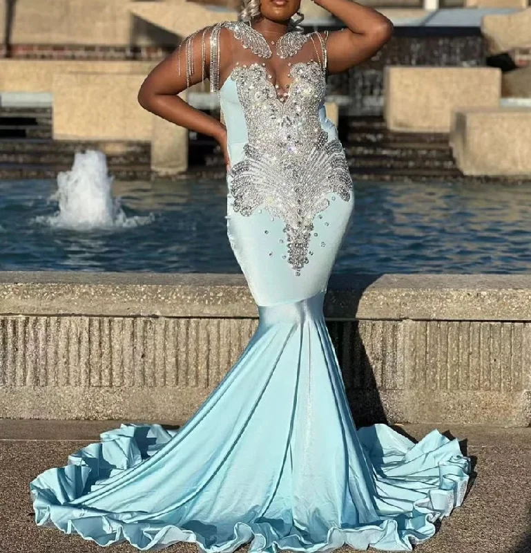 Evening gowns for formal eventsSky Blue Mermaid Silver Rhinestones Prom Dress Luxury Black Girls Tassels Wedding Dress Birthday Party Gown African robe de bal