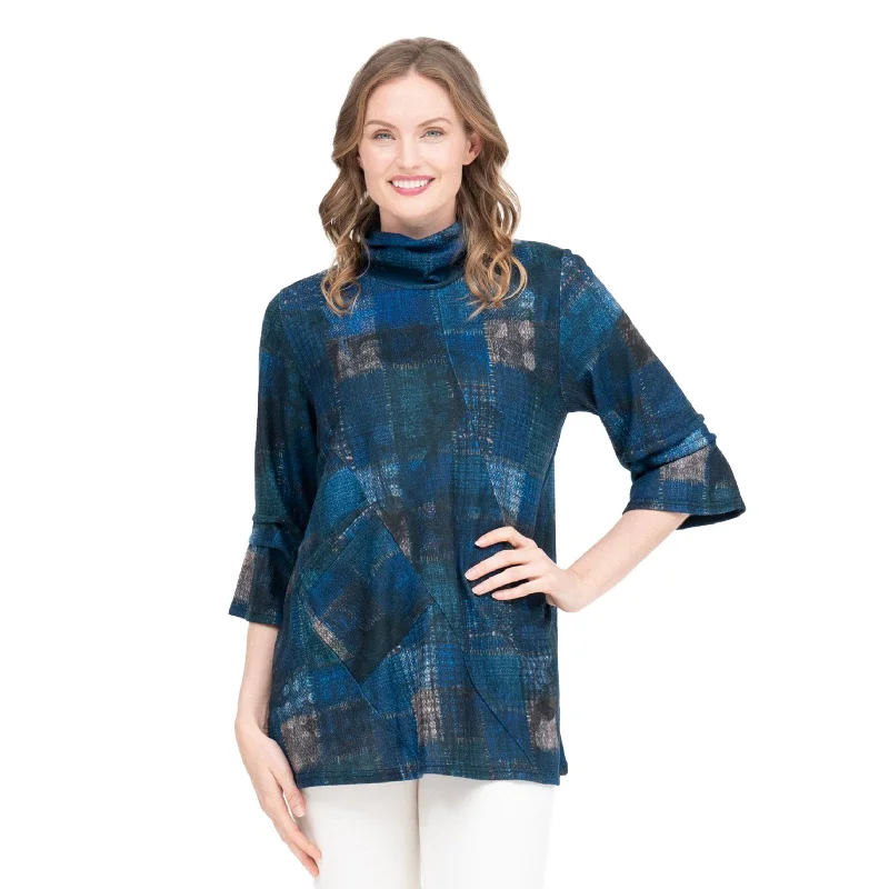 Lace-up women's sweaterDamee Multi Plaid Sweater Knit Tunic in Blue/Beige - 9217