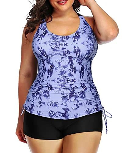 swimsuit with zippersPush Up Bra Tighten Drawstring Pleated Hem Strappy Tankini-Blue Tie Dye