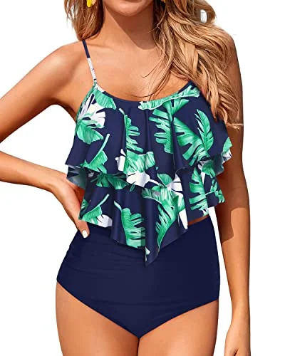 metallic-finish swimsuitFlowy Ruffle Tankini Tops With High Waisted Bikini Bottoms For Teen Girls-Blue Leaf