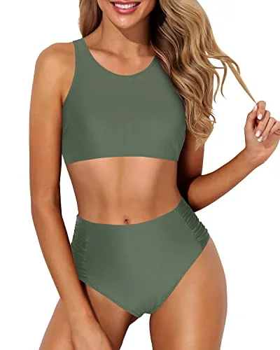 swimsuit with a sleek designRacerback High Waisted Bikini Set For Mothers And Large Breasted Women-Olive Green