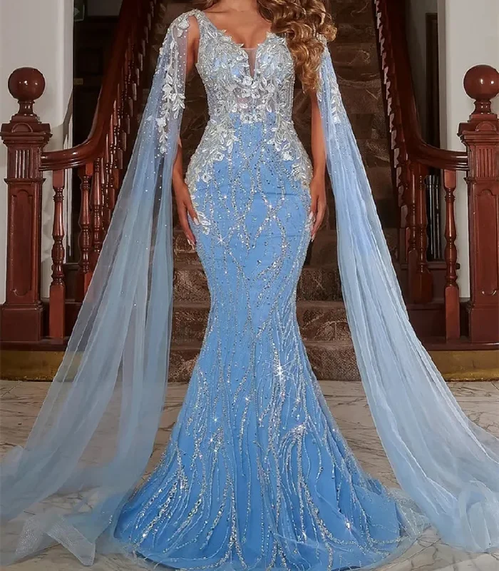 Statement dresses for making a fashion statementLuxury Dubai Arabic Evening Dresses Sequins Beads Mermaid Blue Women Formal Prom Gowns With Cape Met Gala Wedding Party Robe