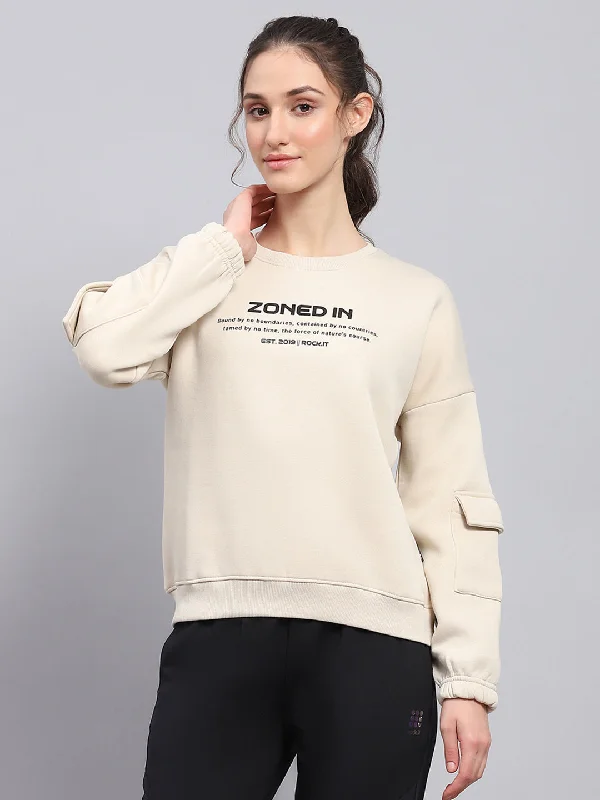 cozy women's hooded loungewearWomen Beige Printed Round Neck Full Sleeve Sweatshirt