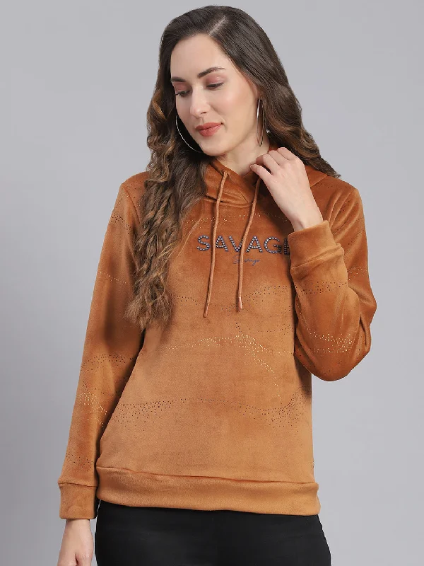 women's hooded tops with a sheer mesh insert on the sleevesWomen Brown Printed Hooded Full Sleeve Sweatshirts