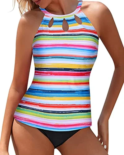 swimsuit cover-upLaides Keyhole Design Tankini 2 Piece High Neck Bathing Suit-Striped And Black