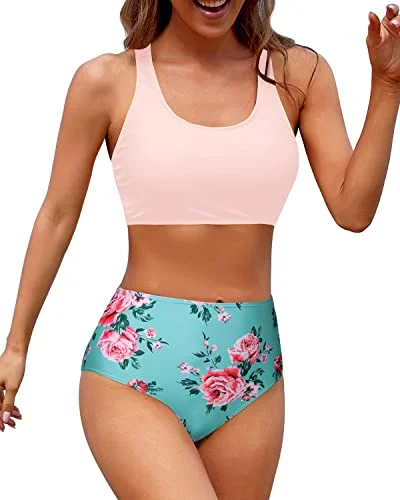 vintage swimsuitFlattering High Waisted Two Piece Bikini Sports Crop Top Swimsuit-Green And Pink Floral