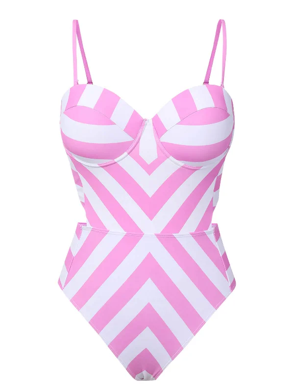 classic swimsuitPink 1940s Striped Bandeau One-Piece Swimsuit