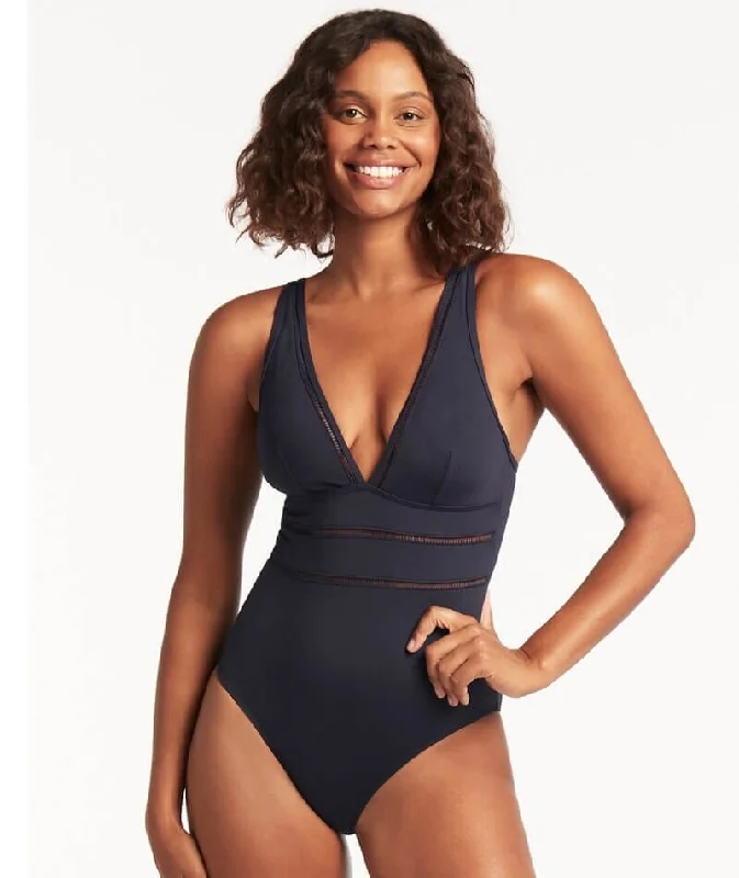 swimsuit for swimming lessonsSea Level Eco Essentials Spliced B-Dd Cup One Piece Swimsuit - Night Sky