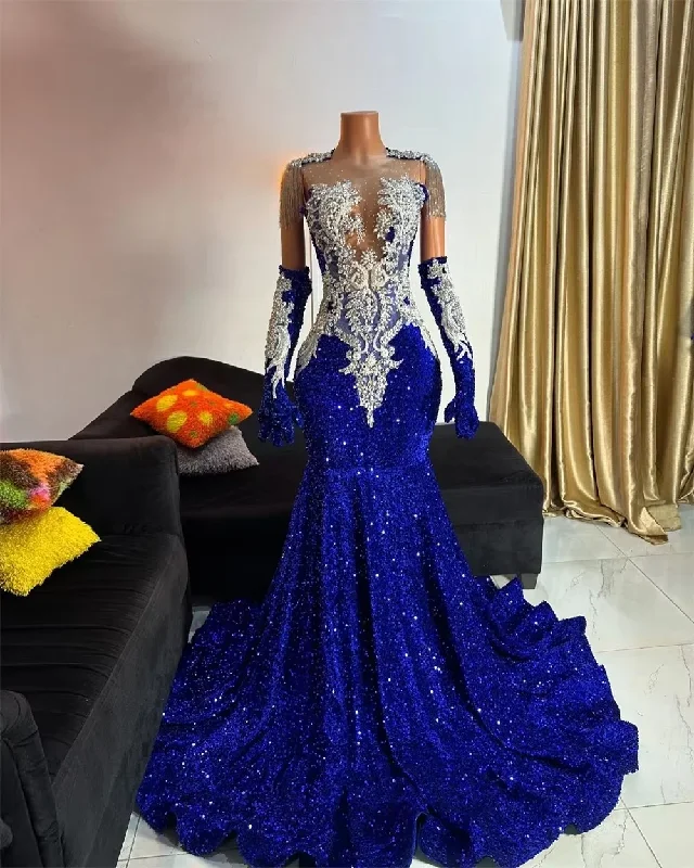 Little black dresses (LBDs) for womenLuxury Royal Blue Sequin Mermaid Prom Dresses 2025 Crystal Beading Tassles With Gloves Mermaid African For Black Girl