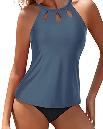 polyester swimsuitModest And Trendy High Neck Tankini Set For Long Torsos-Grey