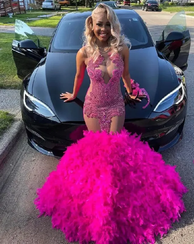 Mini dresses for womenFuchsia Pink African Prom Dress for Women Sparkly Luxury Diamond Crystal Feather Sheer Mesh Birthday Evening Gown robes de gala