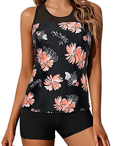 swimsuit for triathlonLadies Mid-Waist Solid Boyleg Bottom Tankini Swimsuit-Black Orange Floral