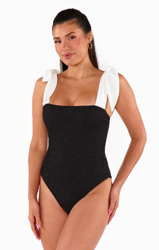 swimsuit for surfingHudson One Piece ~ Black Scrunch with White Bow