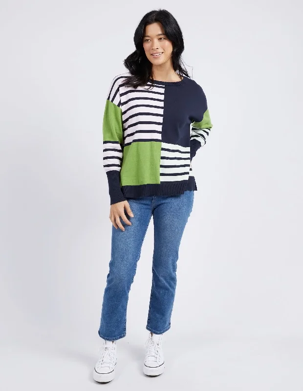 Activewear women's sweaterElm Fig Mixed Knit Navy Jungle Green Stripe