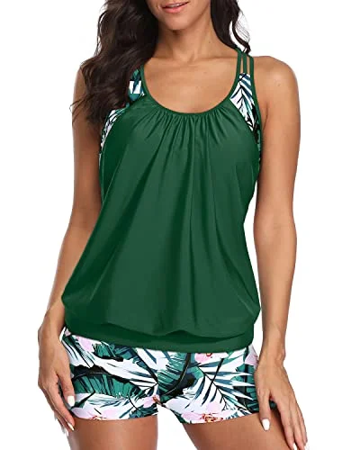 swimsuit with built-in braModest Coverage Tankini Swimsuits T-Back Blouson Tops And Boy Shorts-Green Tropical Floral