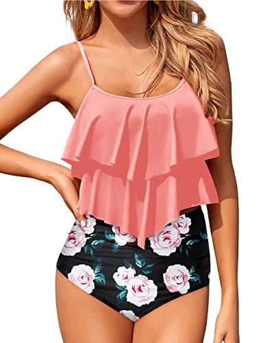 vintage swimsuitTwo Piece Cute Tiered Ruffle Tankini Swimsuits For Women-Coral Pink Floral