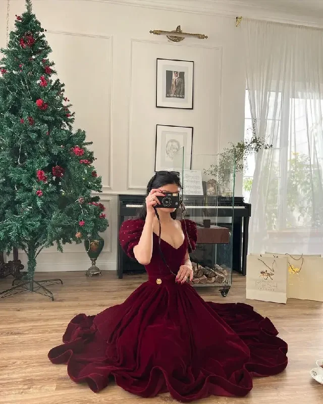 Velvet dresses for winterVintage A line Velvet Burgundy Prom Dresses