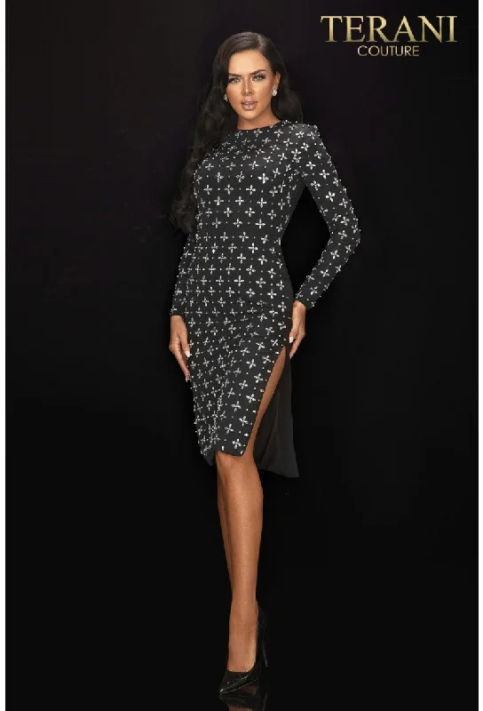 Polka dot dresses for womenTerani Couture 2011C2025 Short Cocktail Beaded Long Sleeve Dress