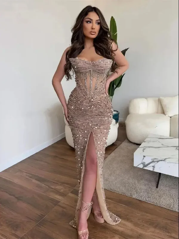 Synthetic dresses for budget-friendly optionsLuxury Champagne Glitter Mermaid Evening Dresses Sweeheart Off Shoulder Side Slit Sequins Floor Length Sexy Prom Dress