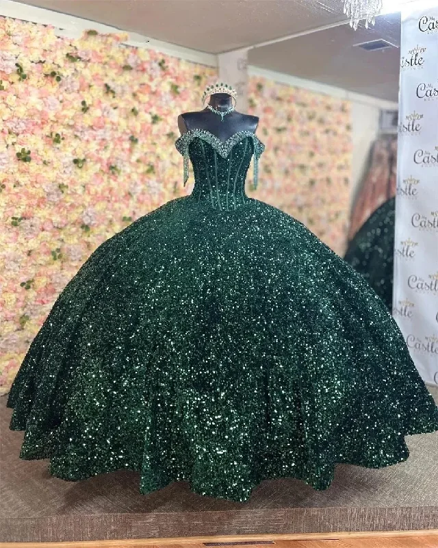 Chiffon dresses for womenSparkly Emerald Green Ball Gowns Quinceanera Dresses Formal Off-Shoulder Appliques Sweet 15 Prom Party Dress