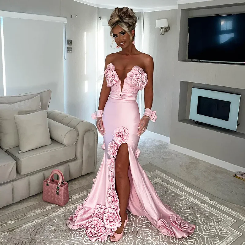 Sleeveless dresses for womenSatin Evening Dresses Pink Deep V Neck Side Slit Mermaid Sexy Evening Gowns for Women 3D Flowers Backless Lace Up Prom Dress