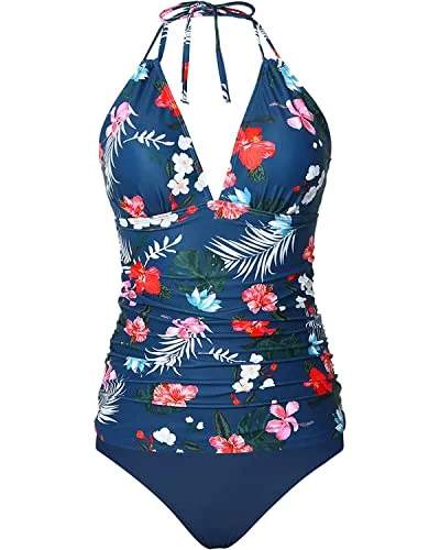 swimsuit for synchronized swimmingTwo Piece Ruched Plus Size Halter V Neck Swimsuits