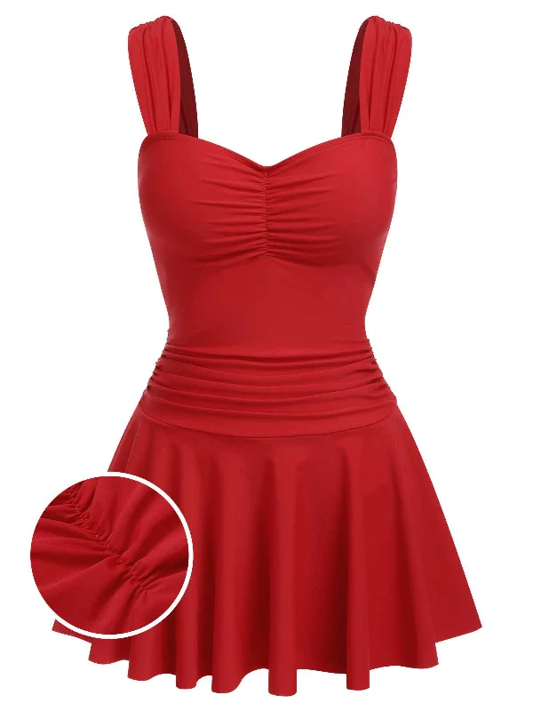 swimsuit with paddingRed 1950s Pleated Solid One-Piece Swimsuit