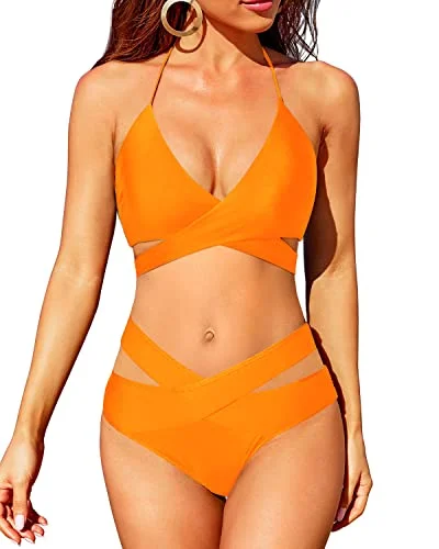 UV-protective swimsuitFlattering Removable Padded Bra Bikini With Halter Neck-Orange