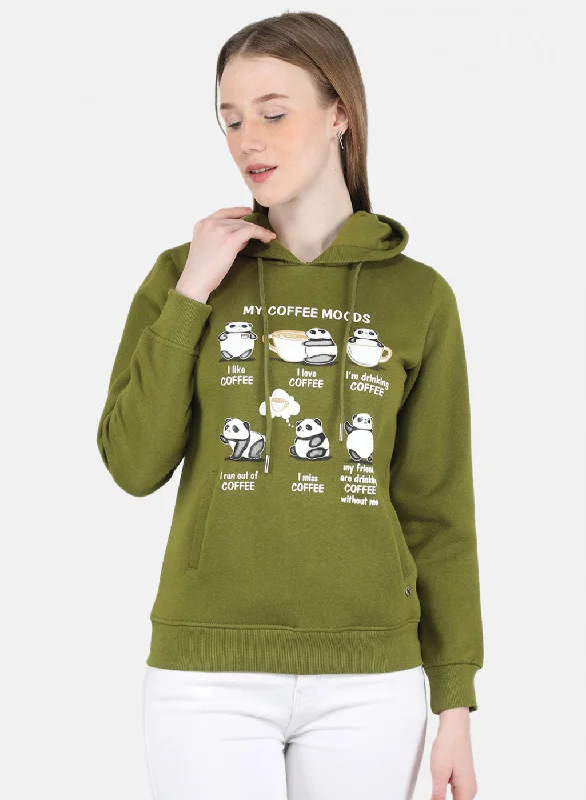 women's hooded pullovers with adjustable hood drawstringsWomen Green Printed Sweatshirt