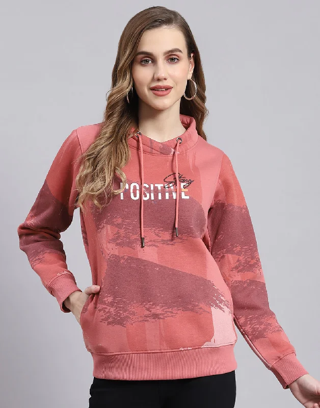 women's hooded tops with a cropped lengthWomen Peach Printed Round Neck Full Sleeve Sweatshirt