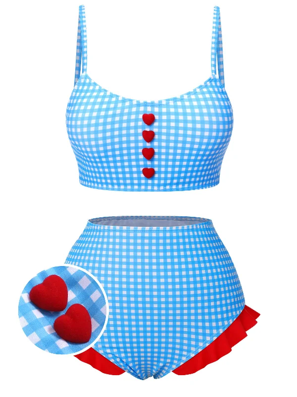 flattering swimsuitBlue 1950s Spaghetti Strap Button Plaids Swimsuit