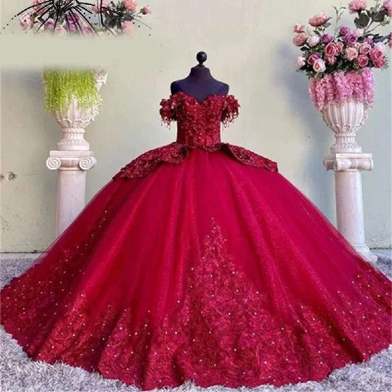 Spring dresses for blossoming stylesNew Dark Red Off Shoulder Corset Ball Gown Quinceanera Dresses Beaded Appliques Formal Prom Birthday Gowns Princess Sweet 16 15