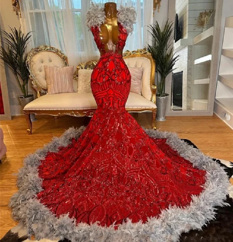 Short-sleeved dresses for womenLuxury Red Sequined Lace Grey Feather Prom Dresses 2024 For Birthday Party Mermaid Black Girls Evening Dresses Wedding vestidos