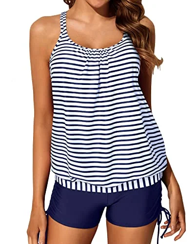 breathable swimsuitAthletic Strappy Criss Cross Back Swimsuits Full Coverage Boy Shorts-Blue White Stripe