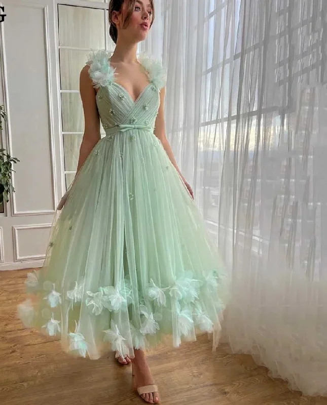 Party dresses for womenMint Green Prom Dresses Fairy 3D Flowers Party Dress For Women Princess Tea Length Formal Wedding Gowns Summer