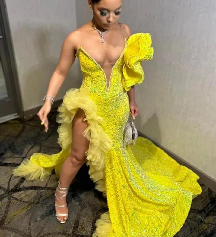 Statement dresses for making a fashion statementStriking Yellow Sequin Ruffels Ruched High Split Prom Dresses 2024 Stunning Sexy Black Girls Birthday Party Gown vestido de gala