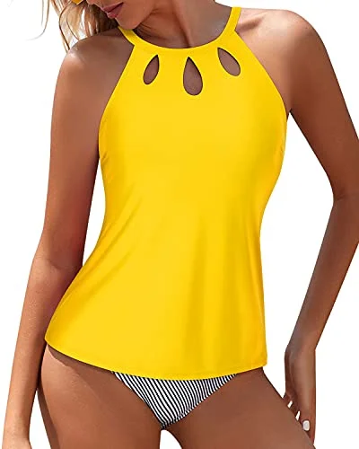 swimsuit with built-in braTummy Control High Waisted Halter Tankini Swimsuits For Women-Yellow Stripe