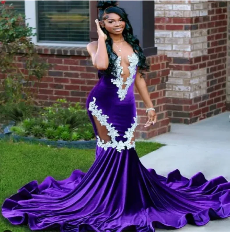 Transitional dresses for in-between seasonsNew Purple Mermaid Velvet Prom Dress Lace Appliques Sheer O-Neck Sleeveless Formal Evening Dress Custom Floor-Length Party Dress