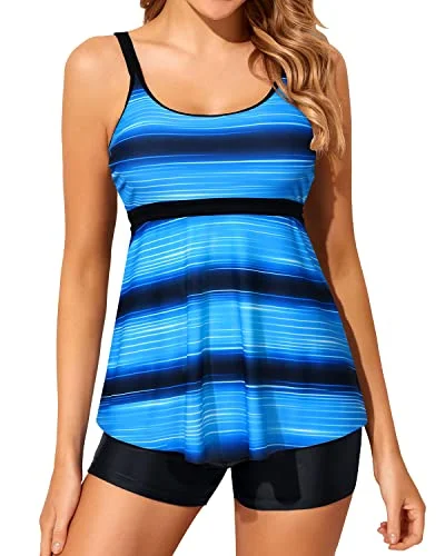 swimsuit for water poloU Neck Tankini Swimsuits For Women 2 Piece Bathing Suits Boy Shorts-Blue And Black Stripe