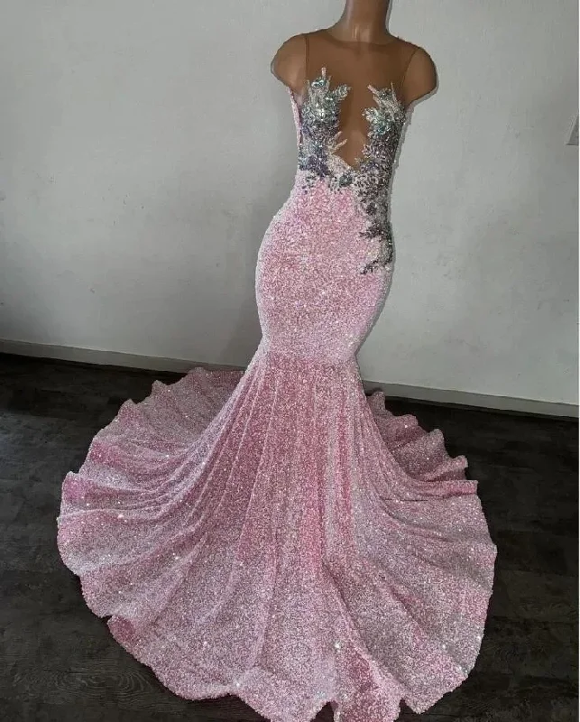 Handmade dresses for unique fashion statementsSexy Pink Prom Dresses Black Girls 2024 Luxury Bead Crystal Sparkly Velvet Sequin Sheer Top Formal Evening Party Gala Gowns