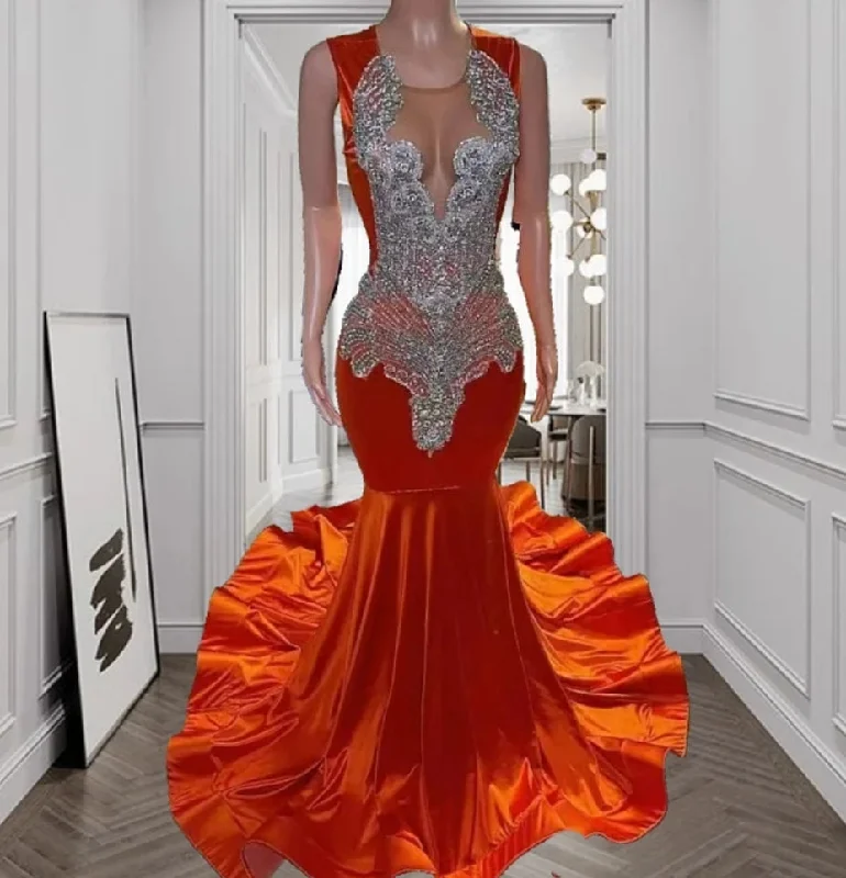 Limited edition dresses for collectorsNew Arrival 2024 Orange Mermaid Prom Dress 2024 Glitter Silver Beads Crystals Rhinestones Wedding Party Gown Robe De Bal