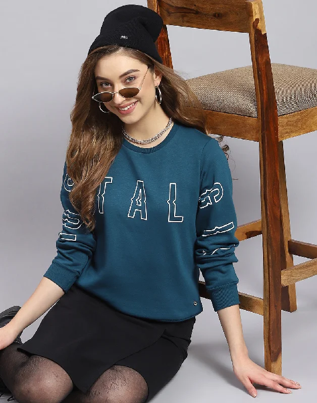 women's hooded sweatshirts for cold weatherWomen Teal Blue Printed Round Neck Full Sleeve Sweatshirt