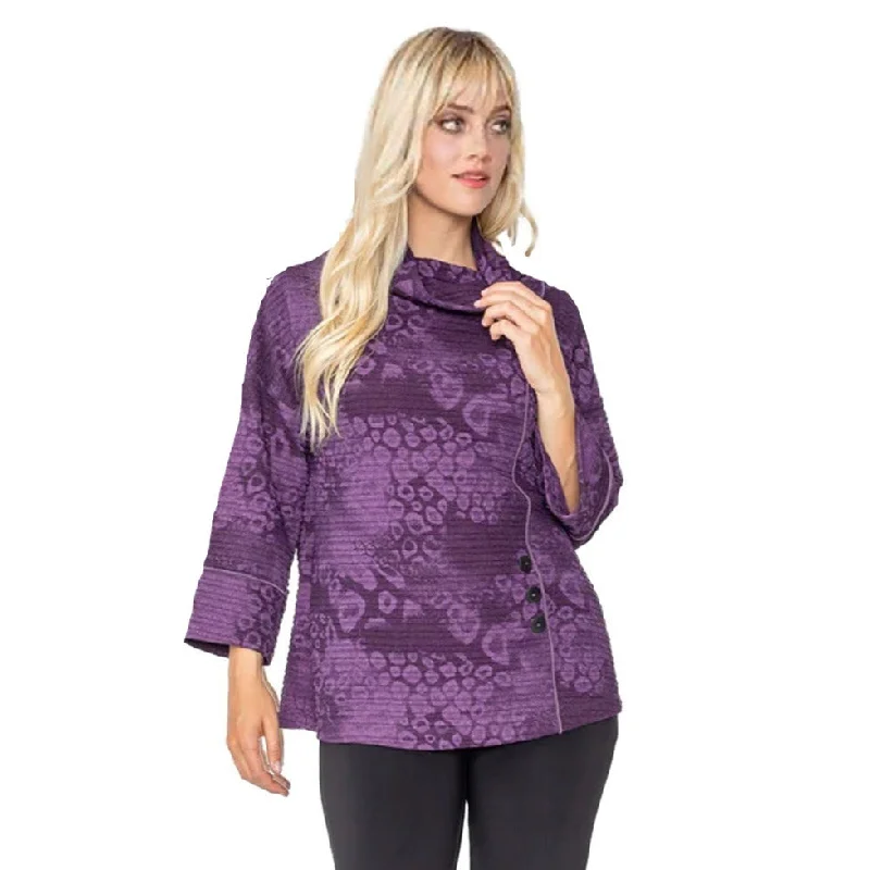 Statement women's sweaterIC Collection Textured Dot Print Cowl-Neck Top in Plum - 5396T-PLM - Size S Only!