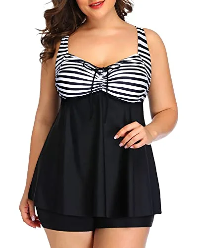 custom-made swimsuitPlus Size Flyaway Bathing Suits Tankini Swimsuits Shorts-Black And White Stripe