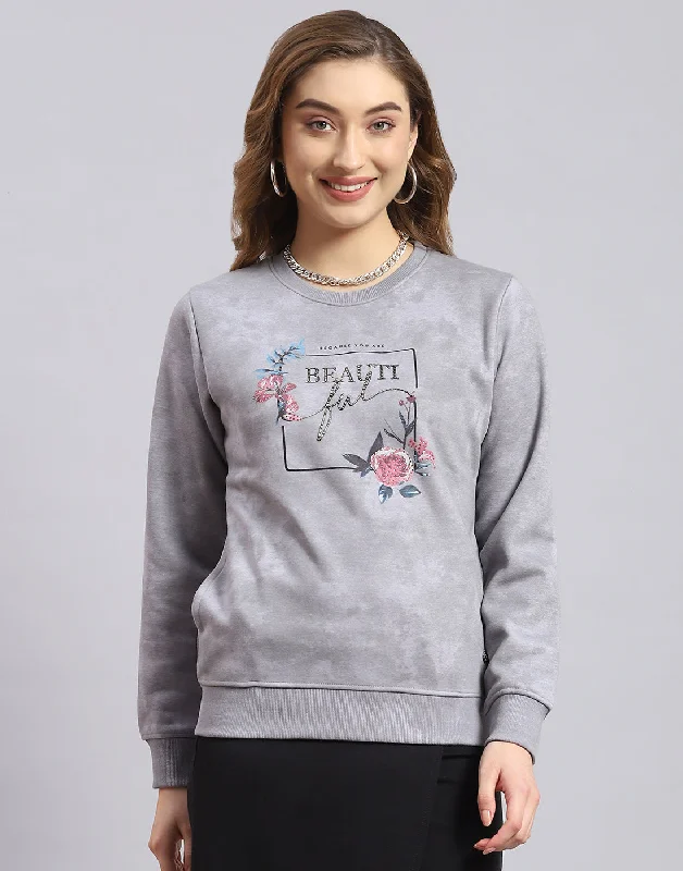 women's hooded tops with a sheer mesh insert on the sleevesWomen Grey Printed Round Neck Full Sleeve Sweatshirt