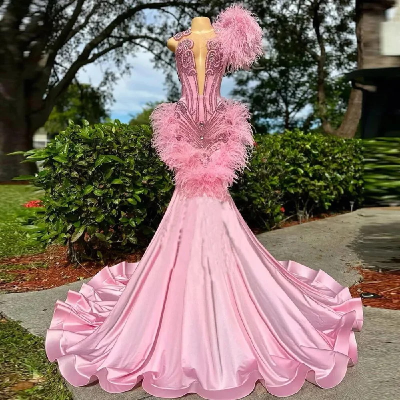 Fit-and-flare dresses for womenLuxury Pink Prom Dresses Mermaid 2024 With Feathers Diamond Mermaid Evening Gowns Vestidos De Gala African Women Party Dress