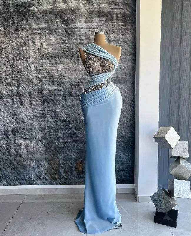 Synthetic dresses for budget-friendly optionsNew Baby Blue Satin Halter Neck Mermaid Prom Dresses Floor-Length Sleeveless Golden Appliques Formal Evening Gown Custom